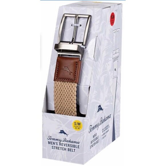 Tommy Bahama Braided Stretch Belt Reversible Khaki/Navy Mens Size 32-36 S M NEW - Picture 1 of 3